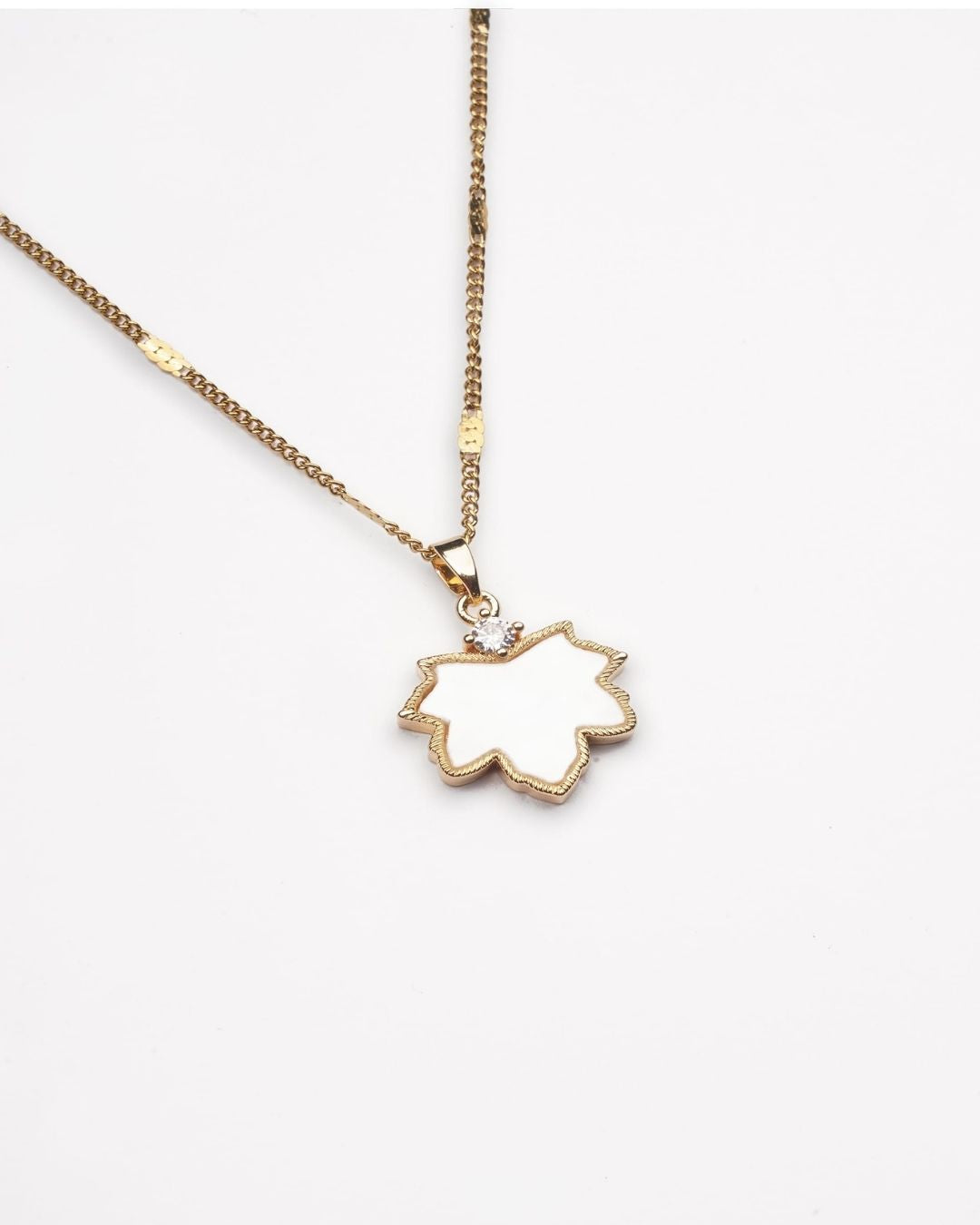 Gold Plated Mother of Pearl Stone AD Maple Leaf Pendant with Chain