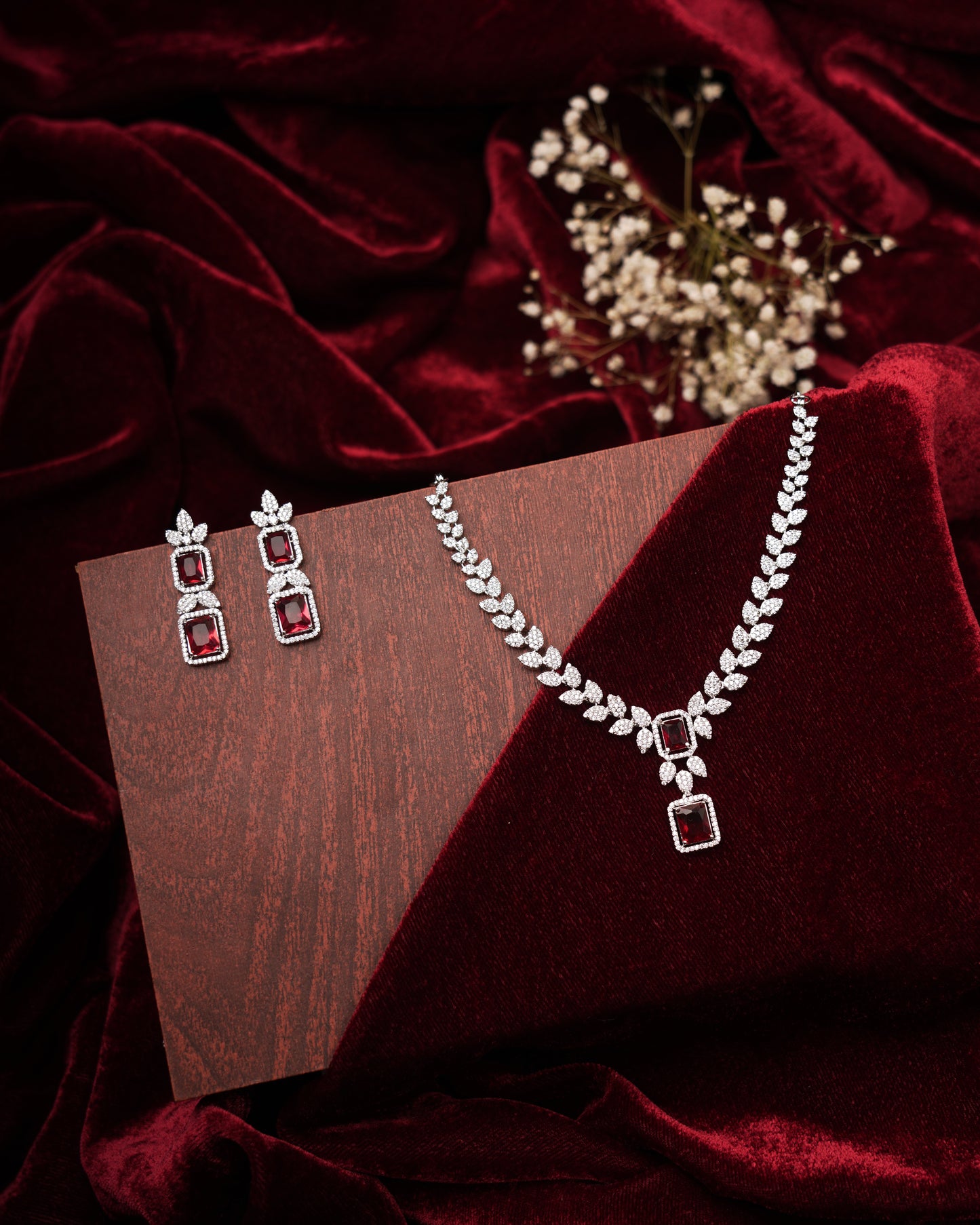 Rodium-Plated Ruby AD-Studded Necklace Set