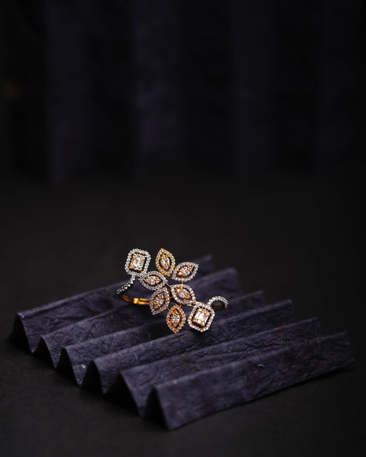 Gold & Rodium-Plated AD-Studded Dual Finger Ring