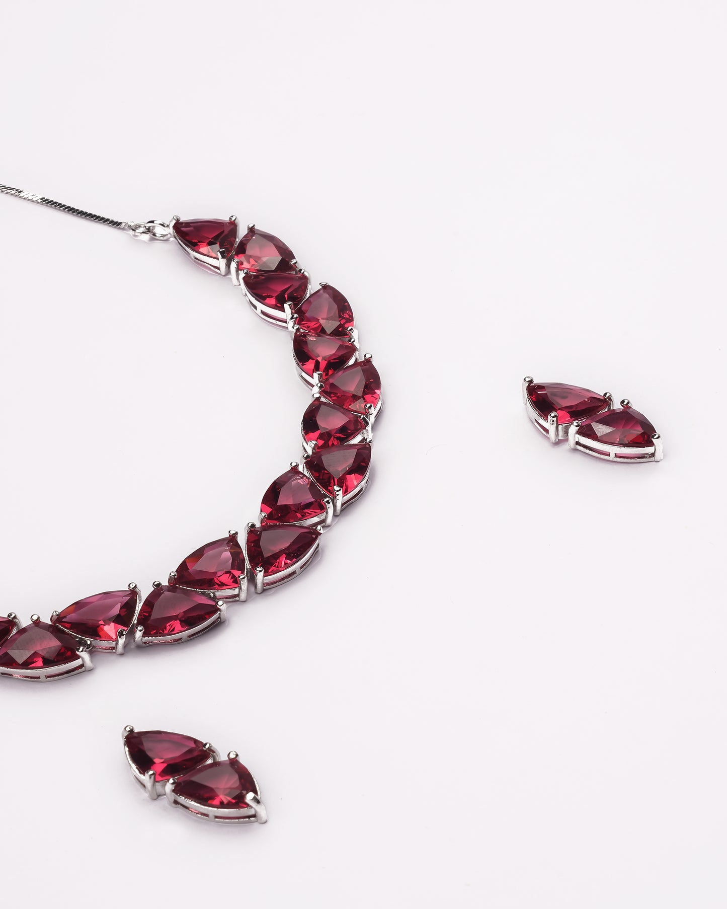 Rodium-Plated Ruby AD-Studded Necklace Set