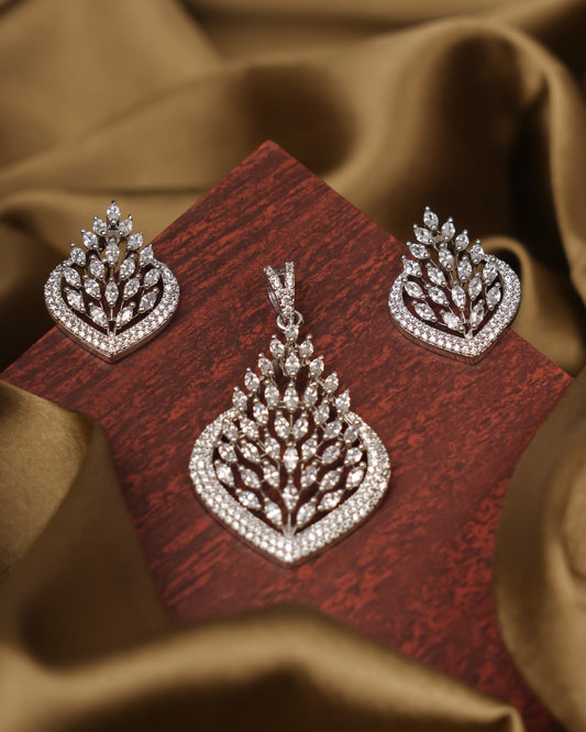 Rodium-Plated AD-Studded Pendant with Earrings