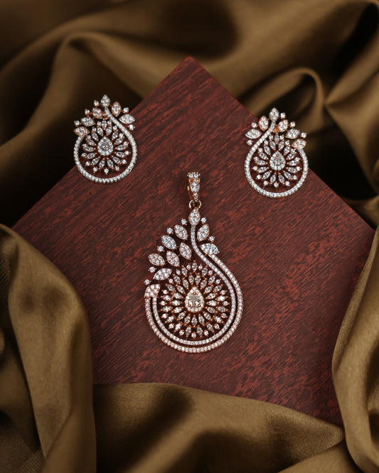 Rose Gold-Plated AD-Studded Pendant with Earrings