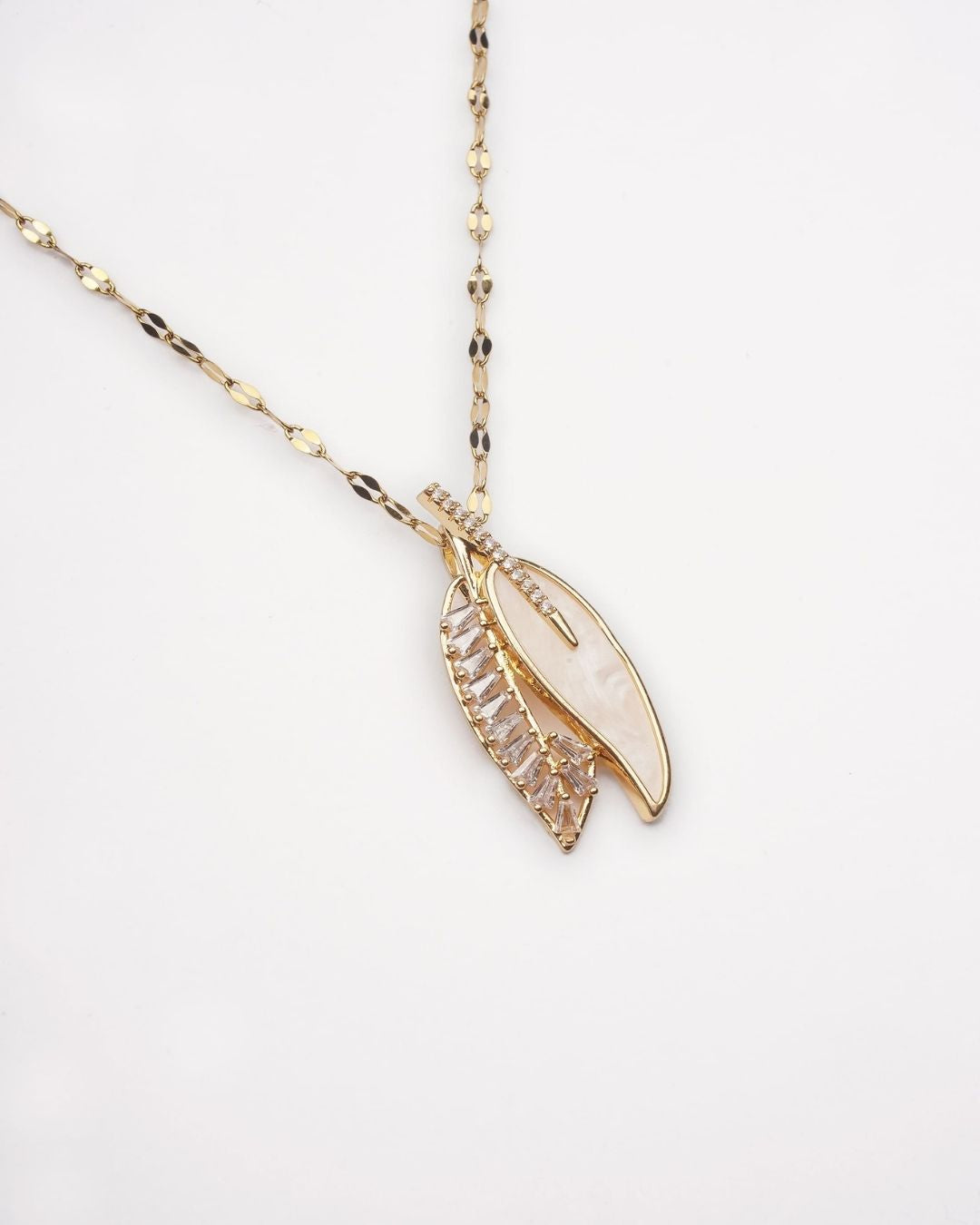 Gold Plated Mother of Pearl Stone AD Leaf Pendant with Chain