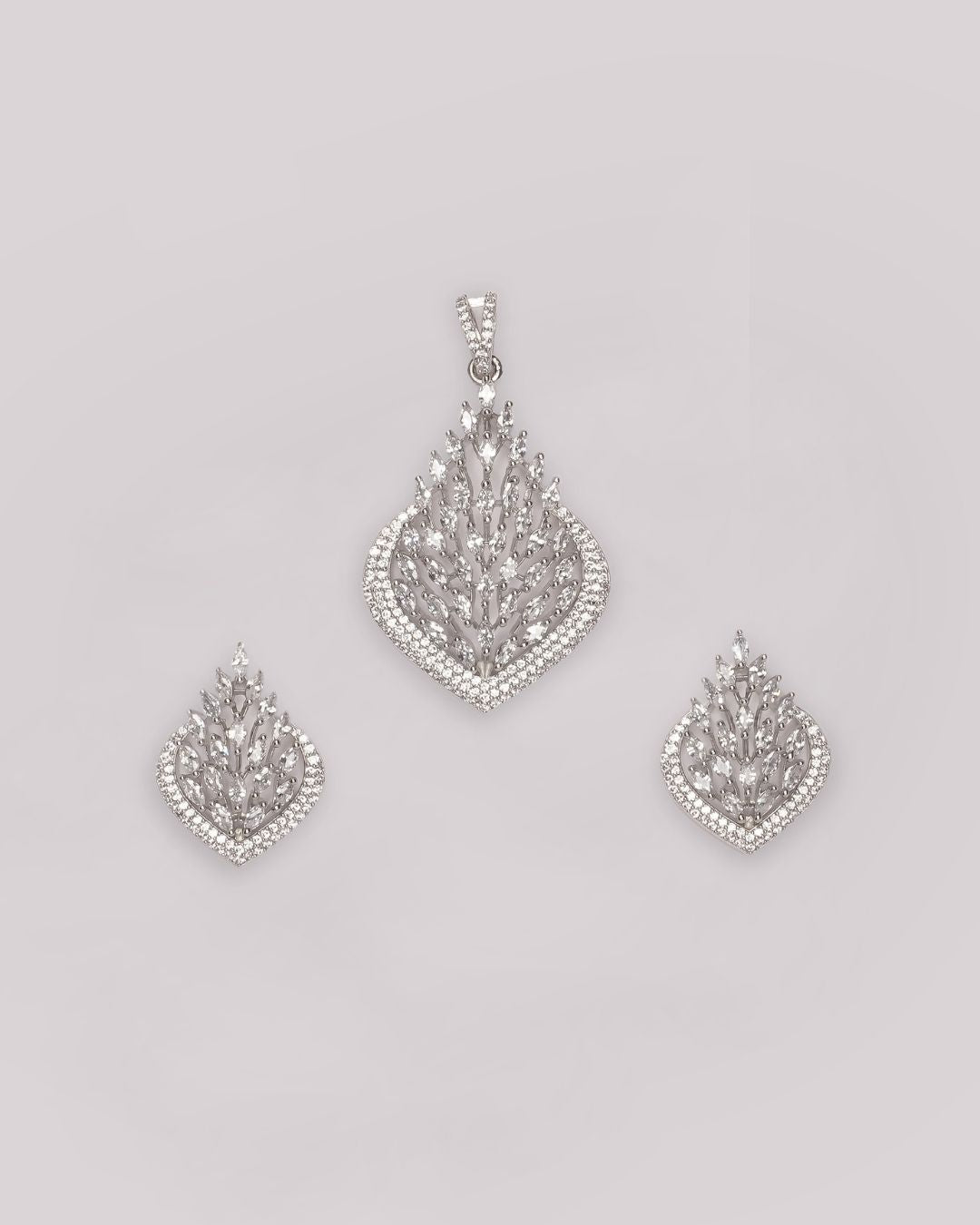 Rodium-Plated AD-Studded Pendant with Earrings