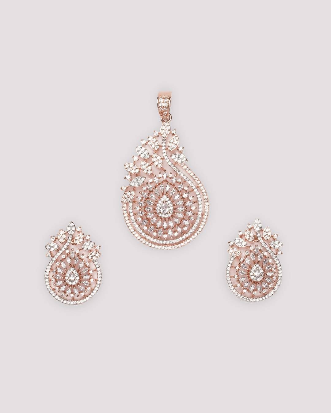 Rose Gold-Plated AD-Studded Pendant with Earrings