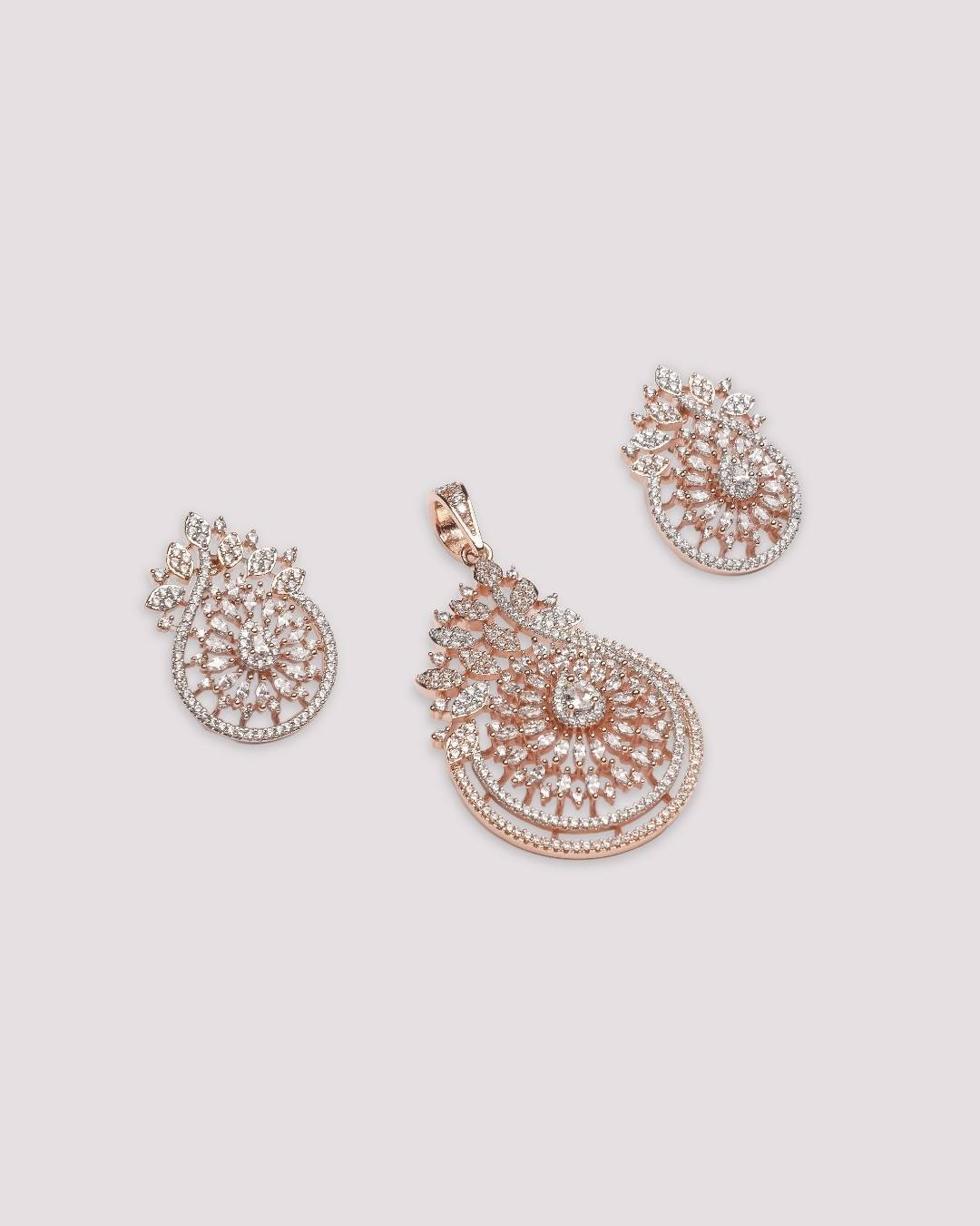 Rose Gold-Plated AD-Studded Pendant with Earrings