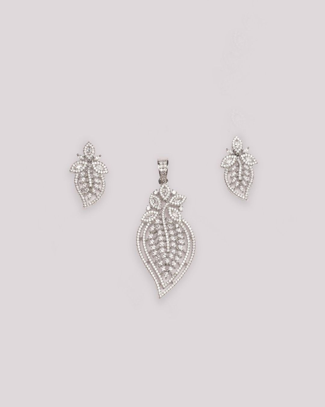 Rodium Plated AD-Studded Pendant with Earrings