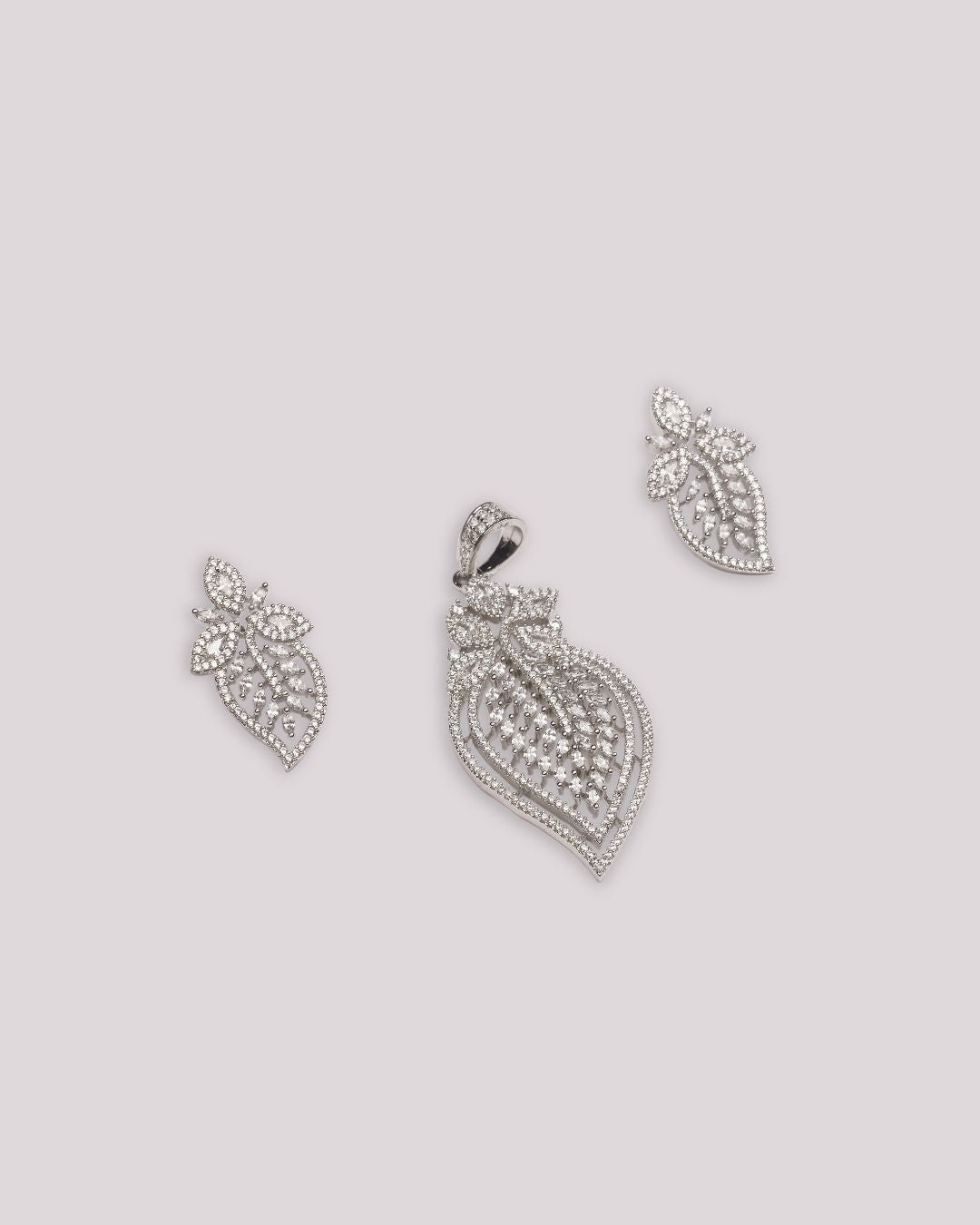 Rodium Plated AD-Studded Pendant with Earrings