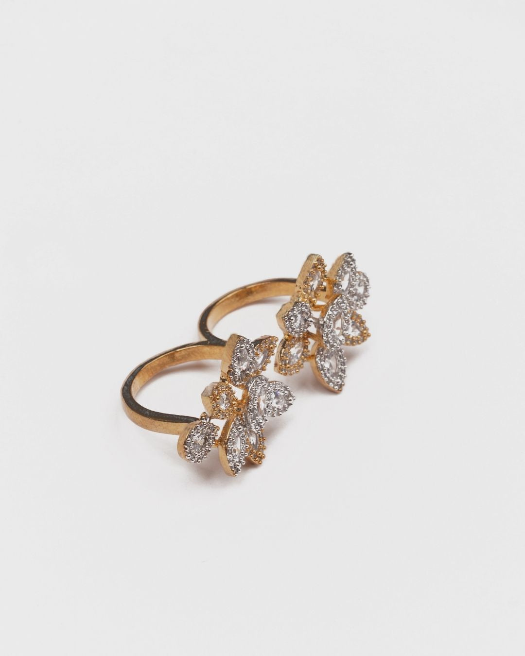 Gold & Rodium-Plated AD-Studded Dual Finger Ring