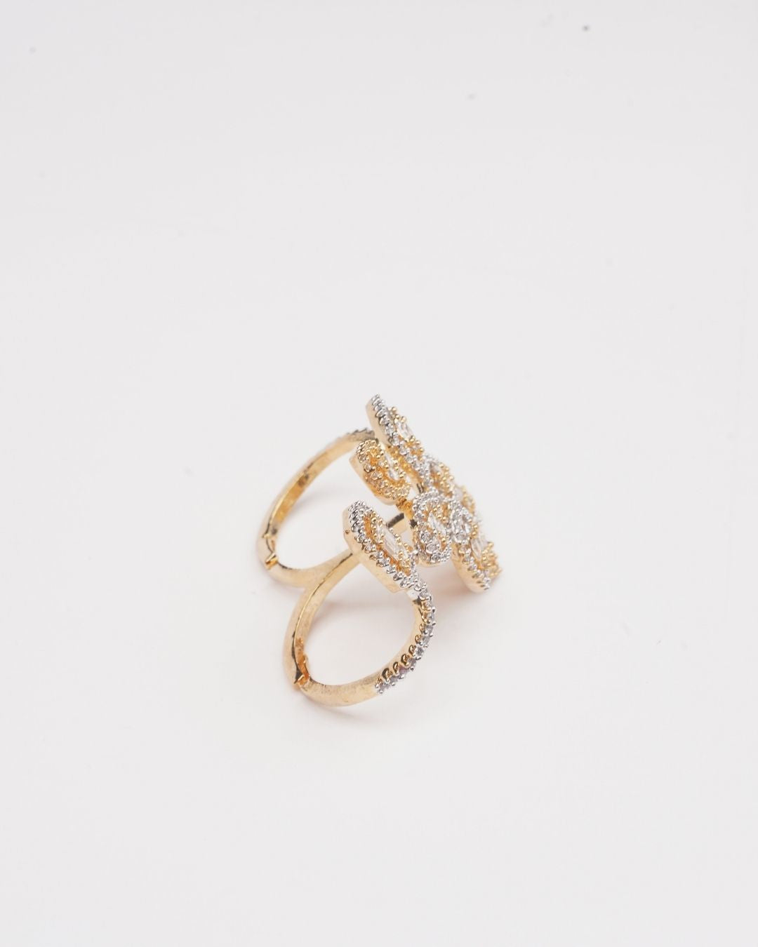 Gold & Rodium-Plated AD-Studded Dual Finger Ring