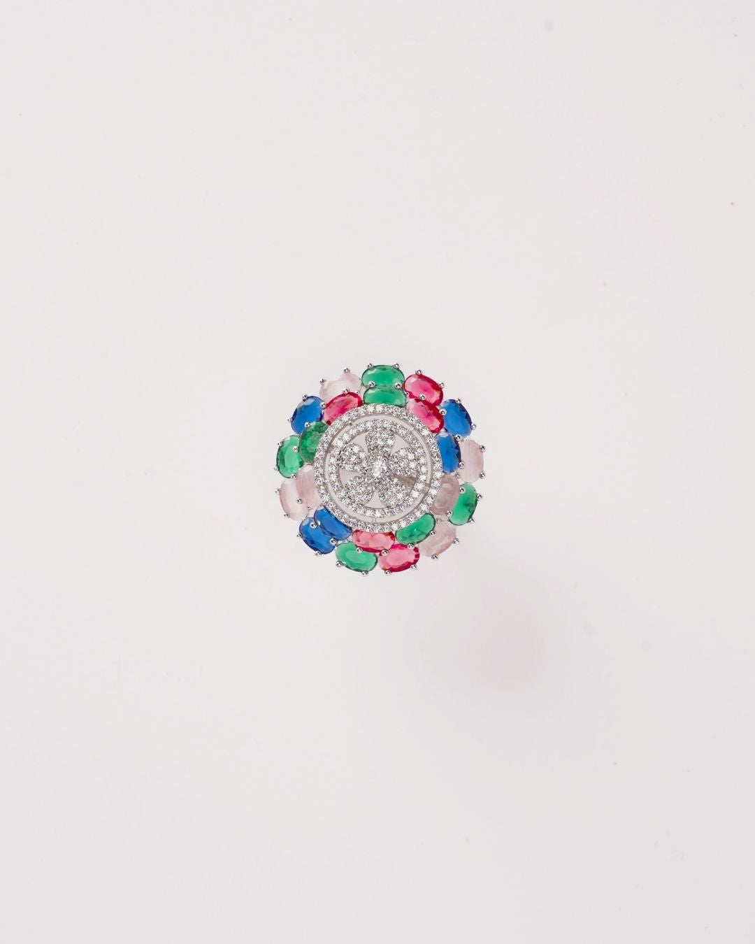 Rodium-Plated Multicolor AD-Studded Ring