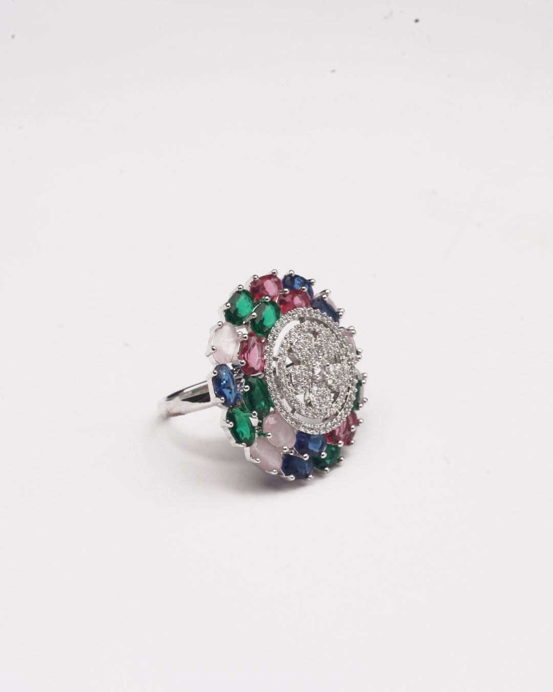 Rodium-Plated Multicolor AD-Studded Ring