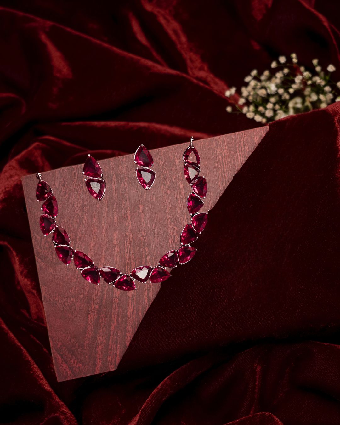 Rodium-Plated Ruby AD-Studded Necklace Set